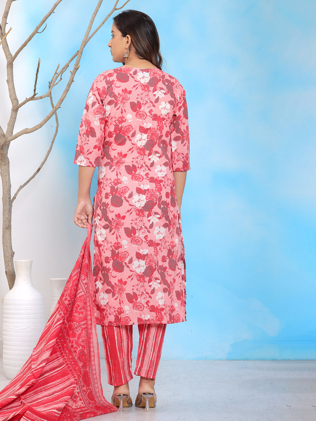 red floral kurta set, cotton kurta with dupatta, festive wear kurta set, ethnic cotton set, party wear kurta, Dupatta Set, > Mitrika
