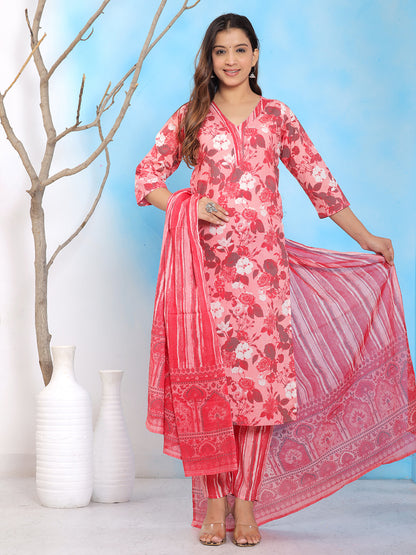 Mitrika Red Floral Printed Cotton Kurta Set with Dupatta