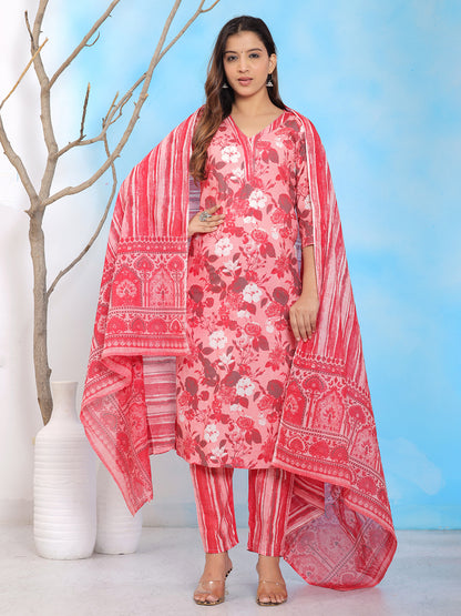 Mitrika Red Floral Printed Cotton Kurta Set with Dupatta