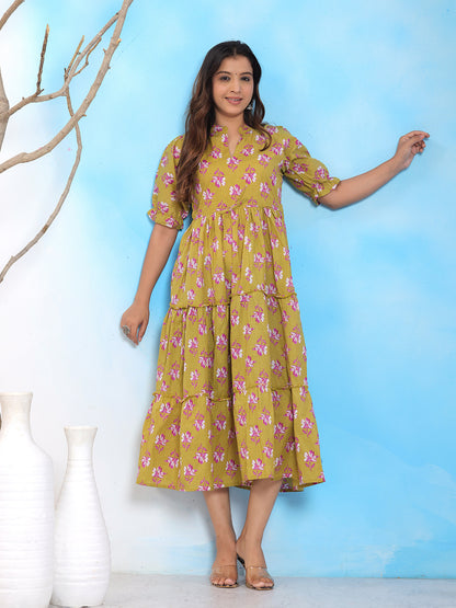 Mitrika Mustard Yellow Floral Printed Tiered Midi Dress with Puff Sleeves