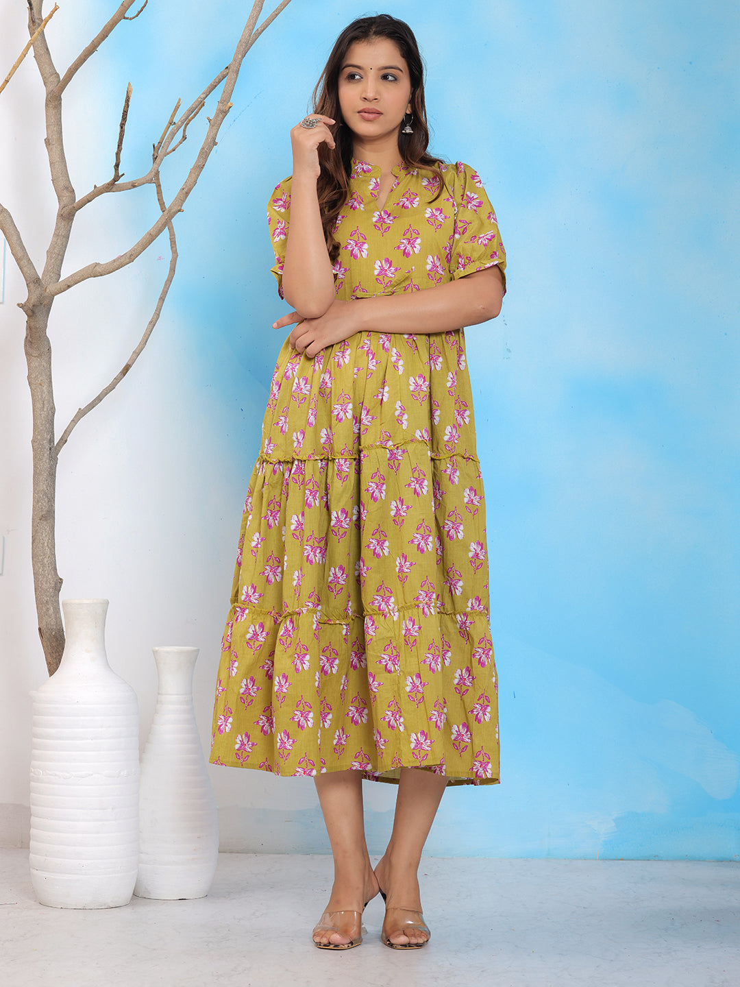 Mitrika Mustard Yellow Floral Printed Tiered Midi Dress with Puff Sleeves