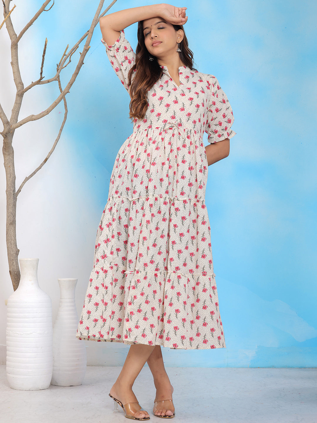 Mitrika White & Pink Floral Printed Mandarin Collar Tiered A-Line Midi Dress