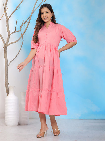 Mitrika Peach Cotton Tiered A-Line Fit & Flare Midi Dress