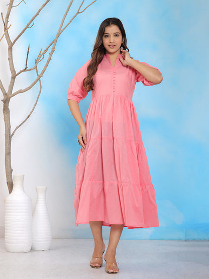 Mitrika Peach Cotton Tiered A-Line Fit & Flare Midi Dress