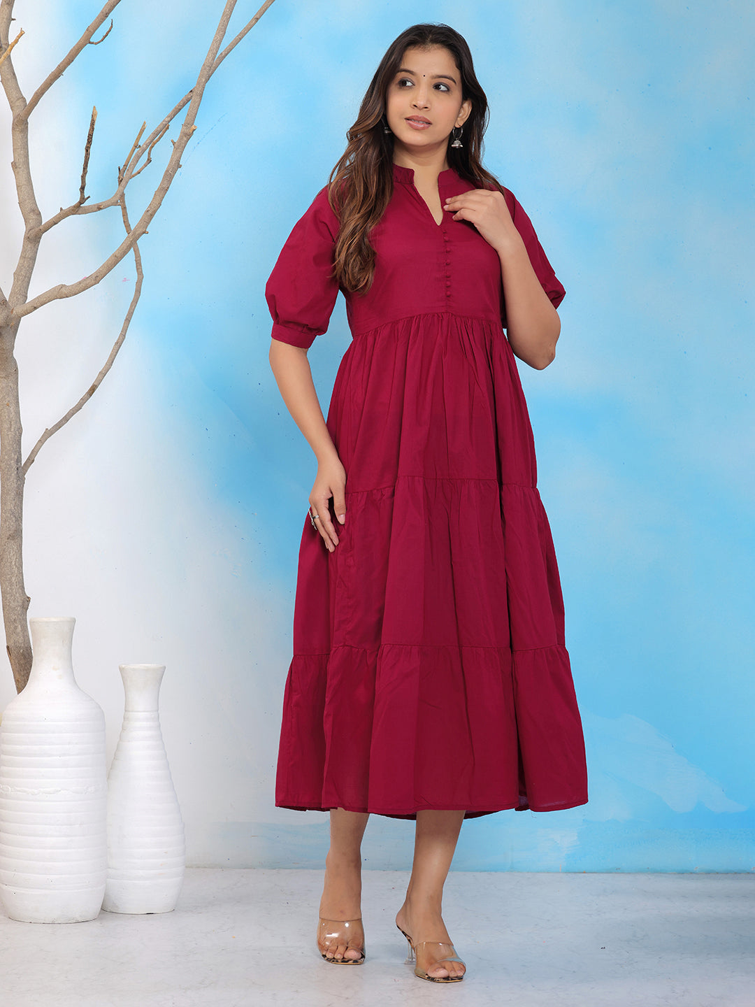 Mitrika Wine Mandarin Collar Tiered Cotton A-Line Midi Dress