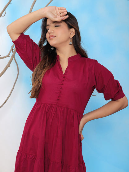 Mitrika Wine Mandarin Collar Tiered Cotton A-Line Midi Dress
