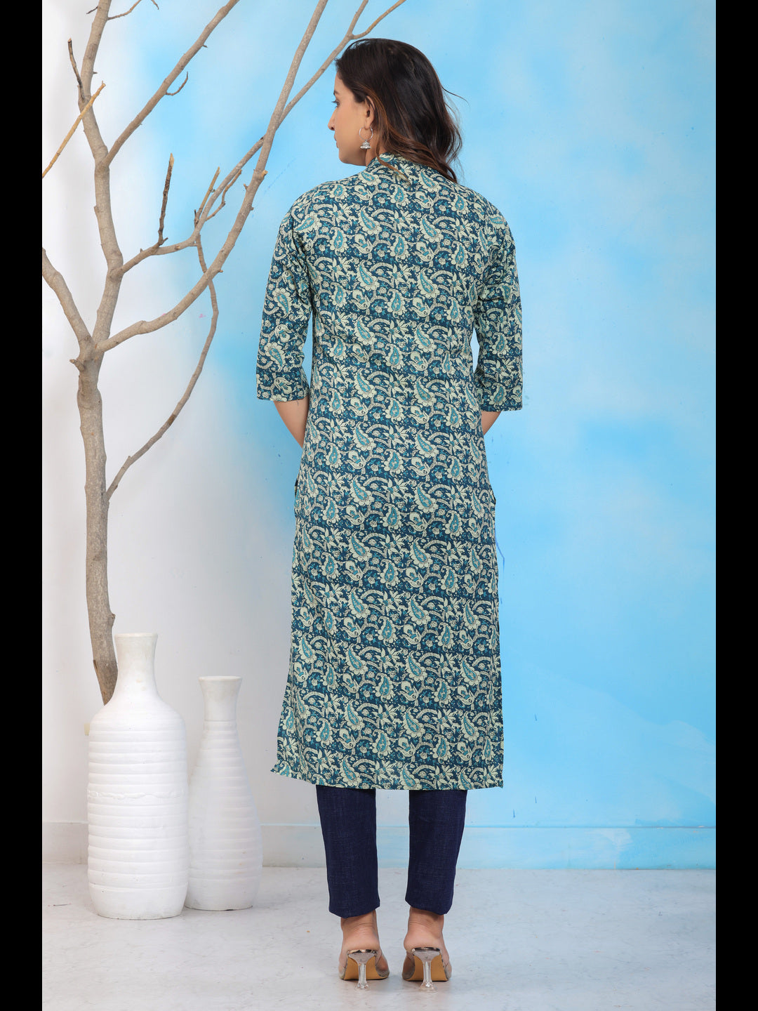 Blue Cotton Printed Straight Kurti with Mandarin Collar