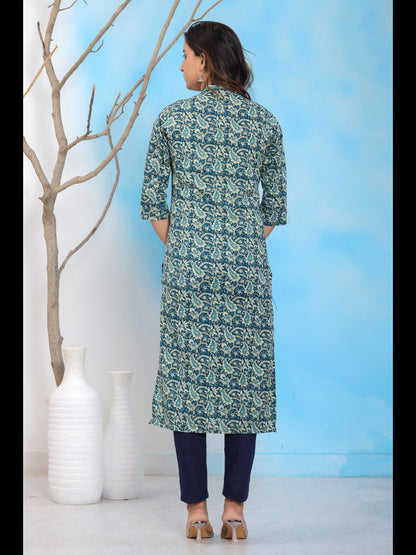 Blue Cotton Printed Straight Kurti with Mandarin Collar