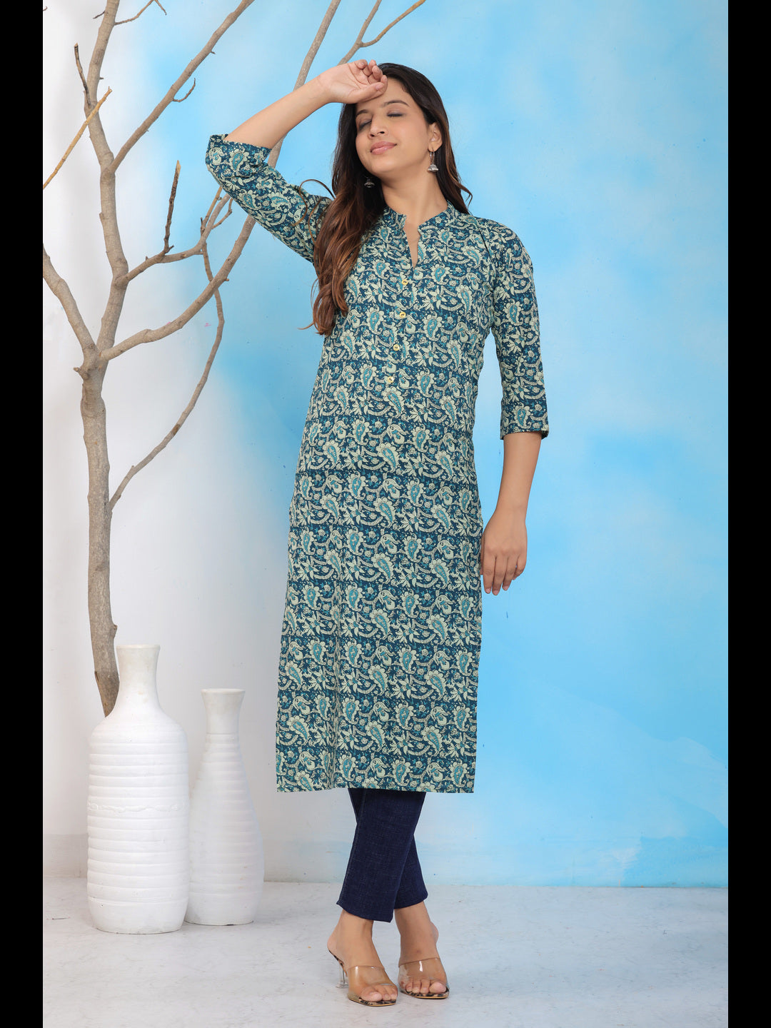 Blue Cotton Printed Straight Kurti with Mandarin Collar