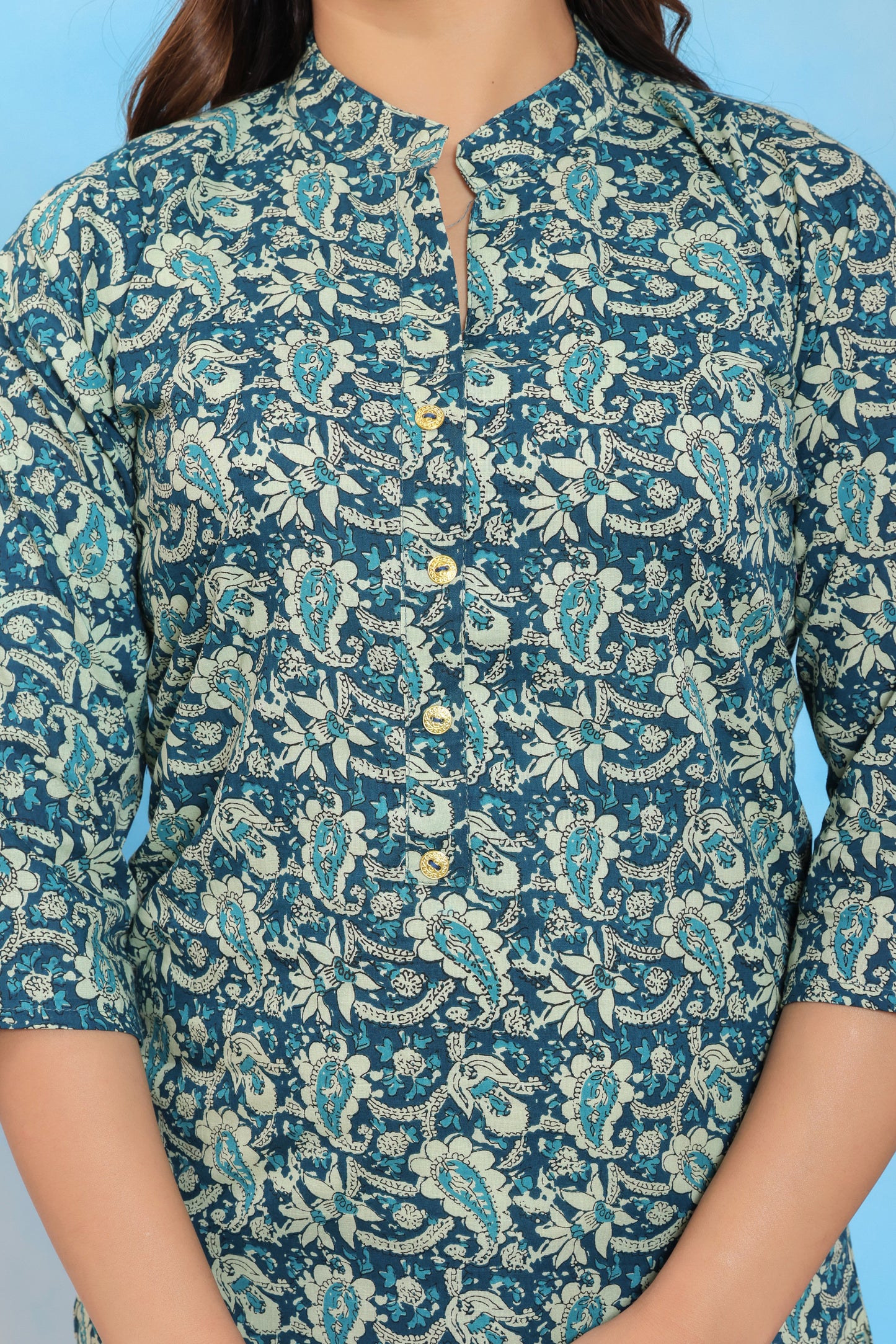 Blue Cotton Printed Straight Kurti with Mandarin Collar