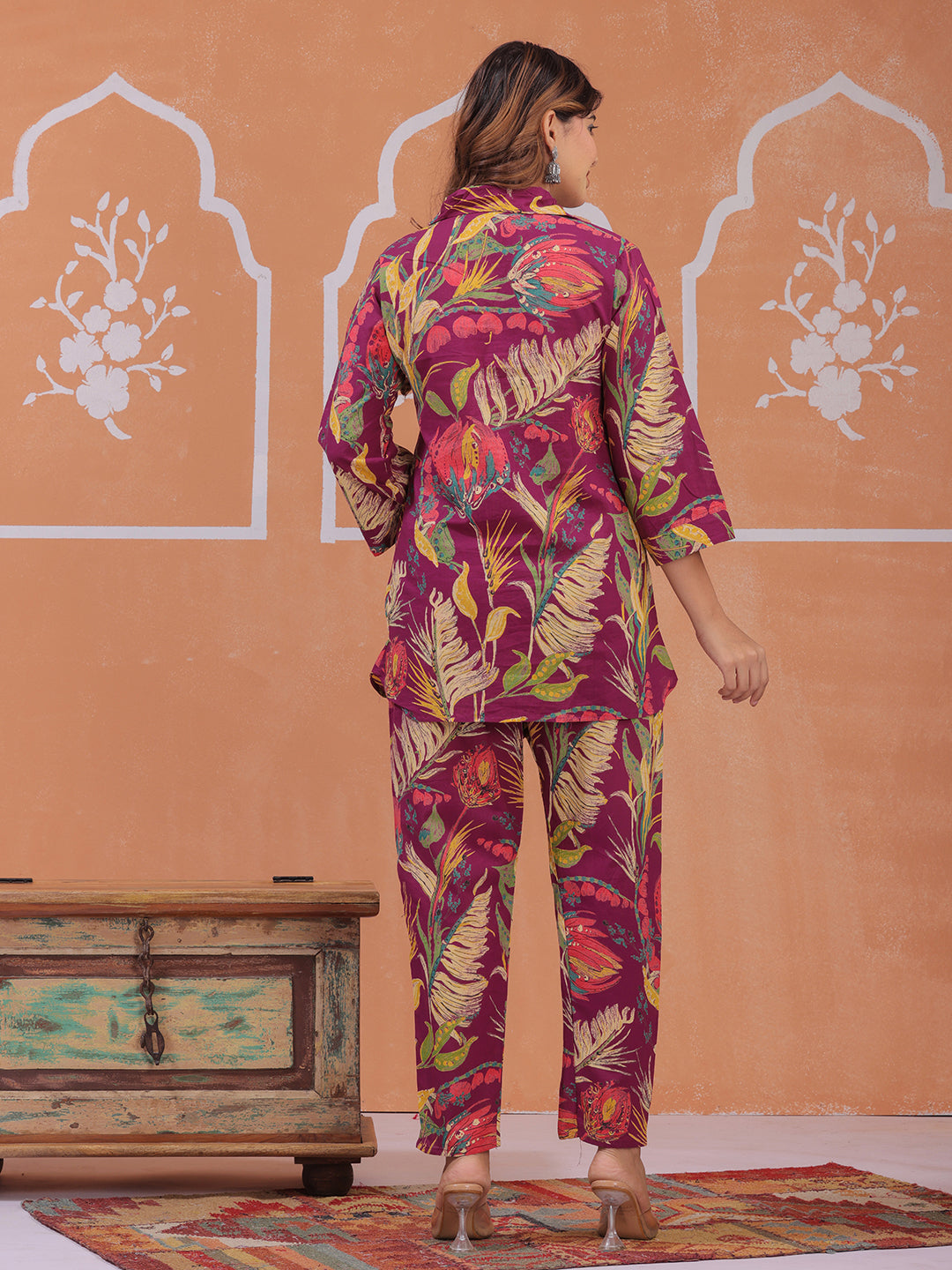 Purple Tropical Print Co-ord Set for Women – Shirt & Straight Pants