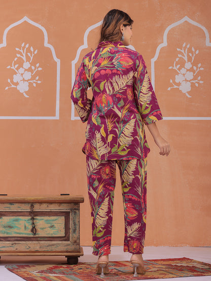 Purple Tropical Print Co-ord Set for Women – Shirt & Straight Pants
