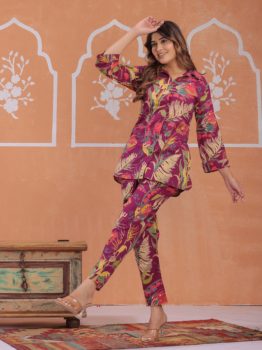 Purple Tropical Print Co-ord Set for Women – Shirt & Straight Pants