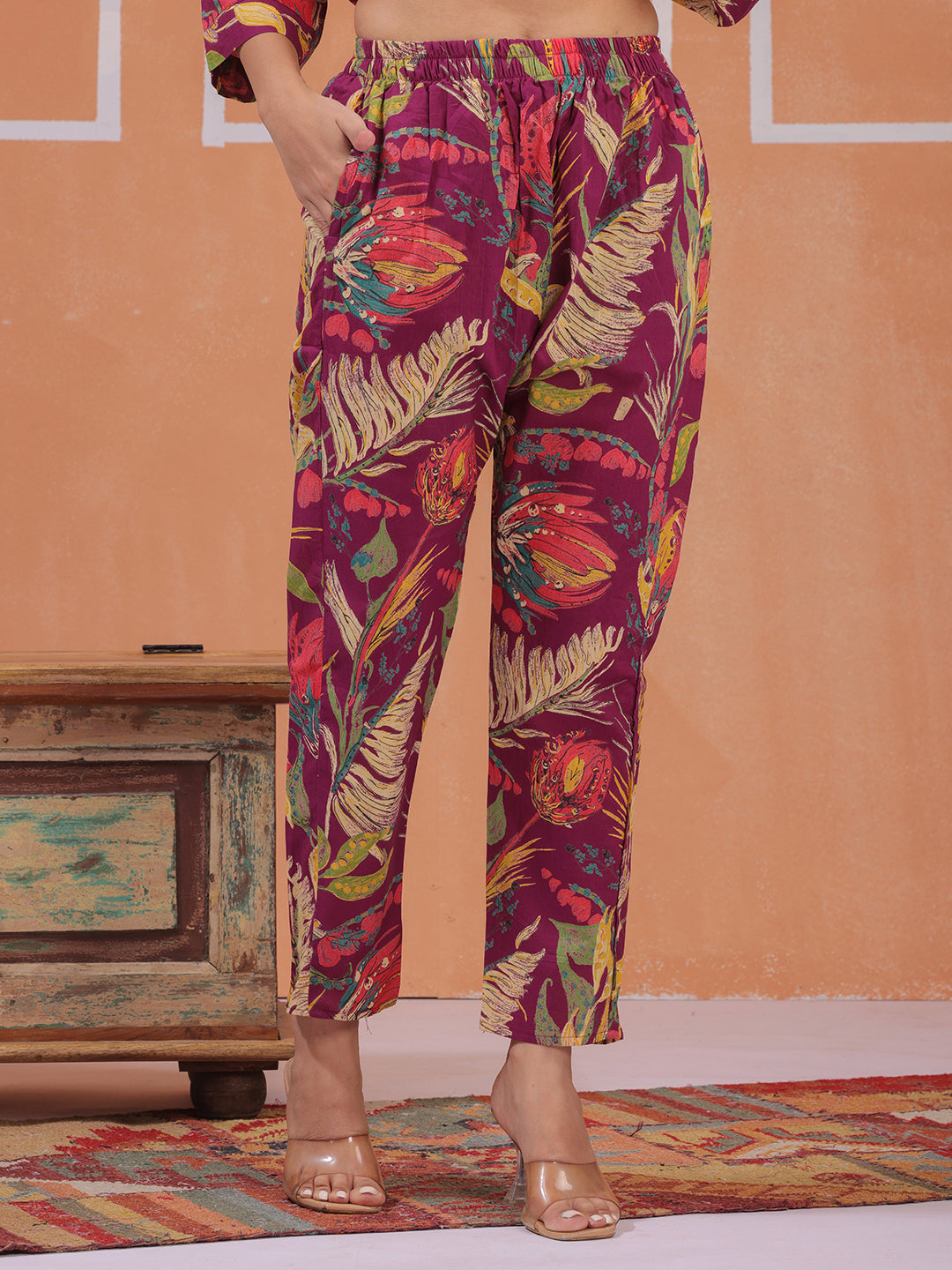 Purple Tropical Print Co-ord Set for Women – Shirt & Straight Pants