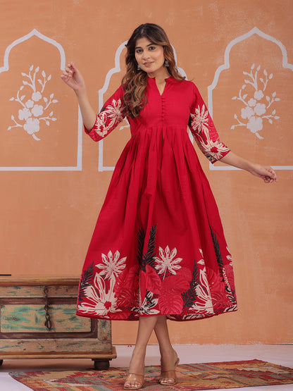 Red floral ethnic dress for women by Mitrika