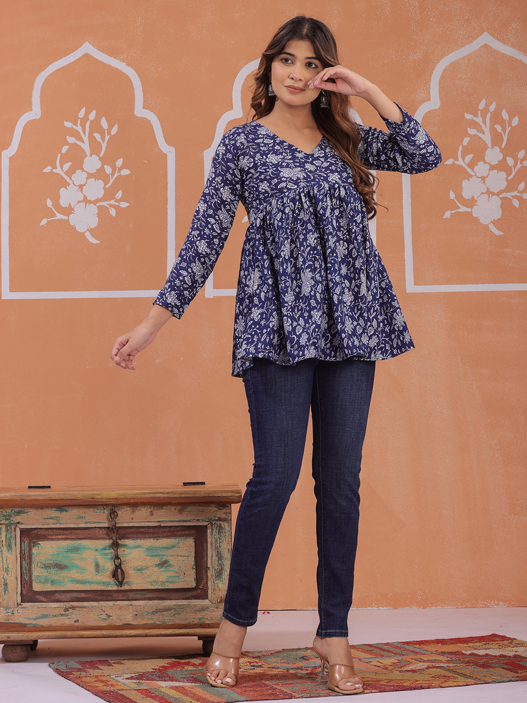 Mitrika women casual floral top in navy blue