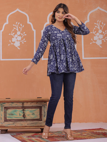 Mitrika women casual floral top in navy blue