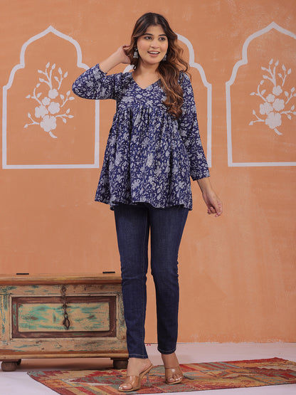 Navy blue ethnic flared top for daily wear