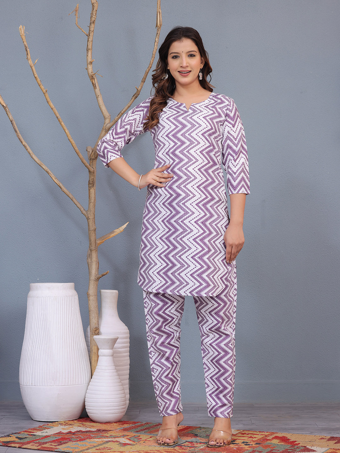 Mitrika Purple & White Zigzag Printed Cotton Co-Ords Set