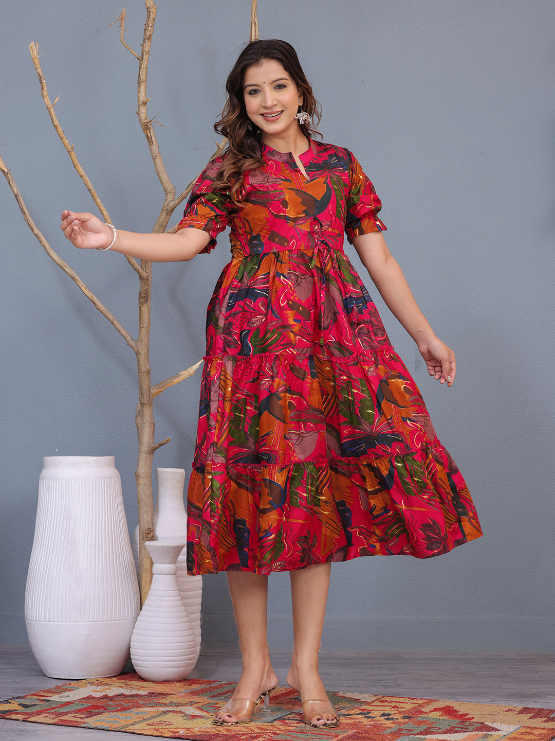 Mitrika Tropical Bloom Viscose Rayon Fit & Flare Midi Dress