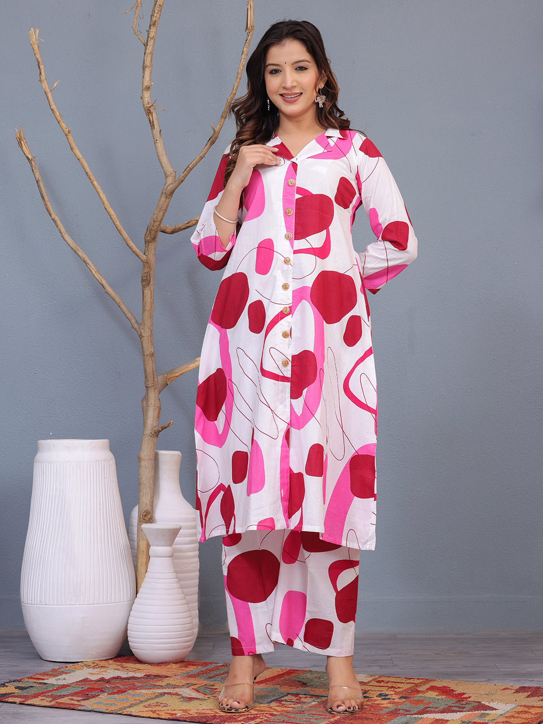Mitrika White & Pink Abstract Print Cotton Co-ord Set