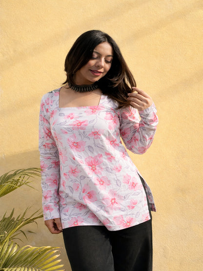 Women Pink Floral Printed Square Neck Pure Cotton Kurti Top | Soft Everyday Wear