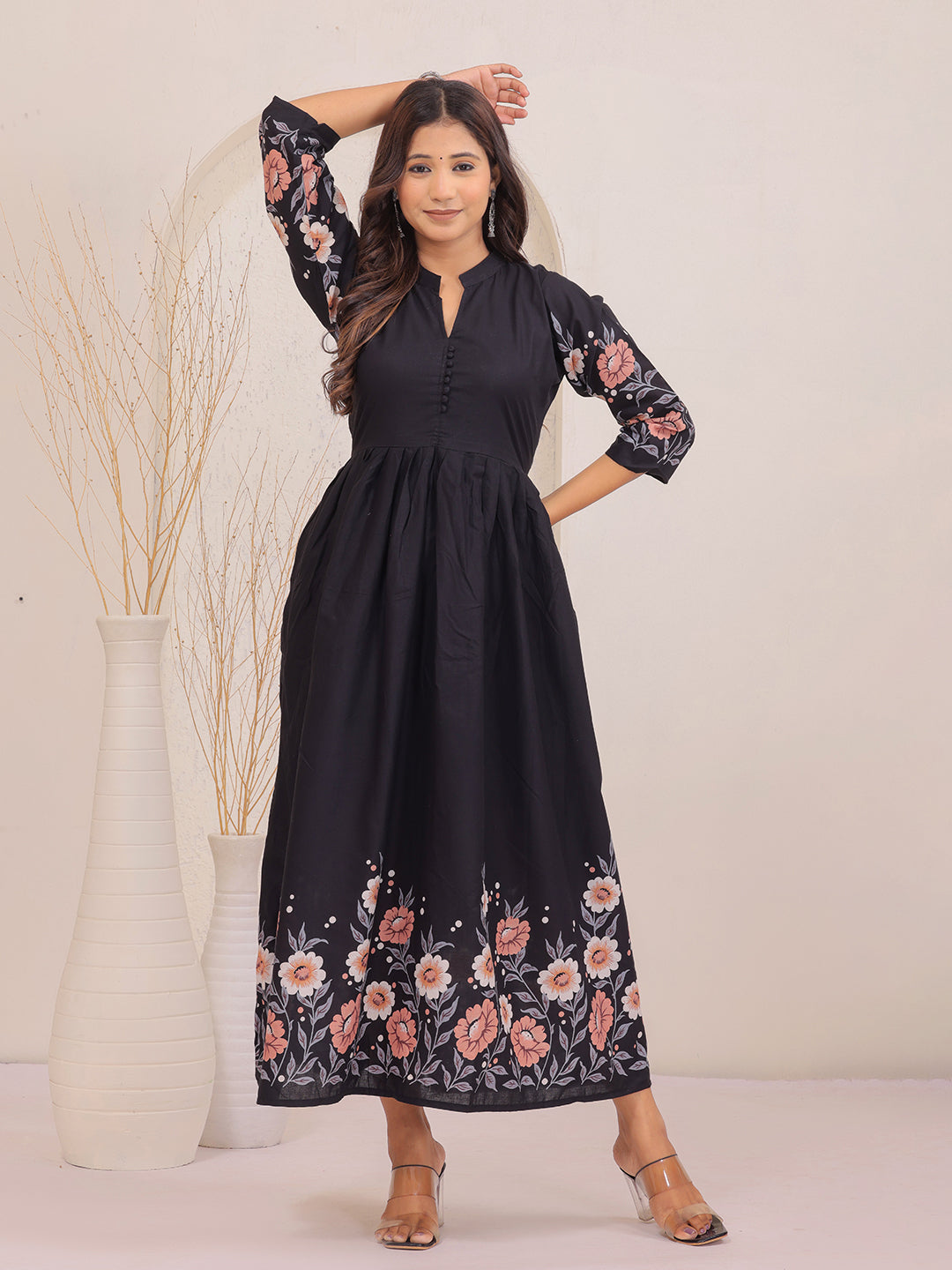 Premium Black Floral Printed Fit & Flare Dress with 3/4 Sleeves