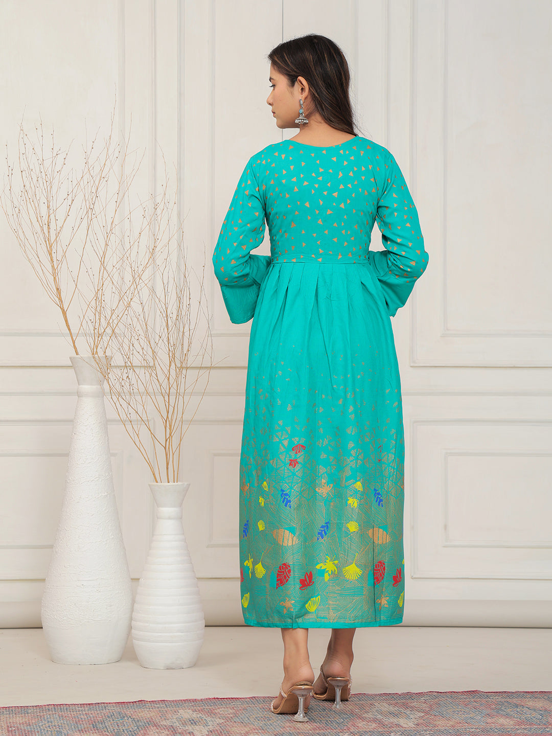Mitrika Vibrant Sea Green Foil Print Anarkali Kurti with Tassel