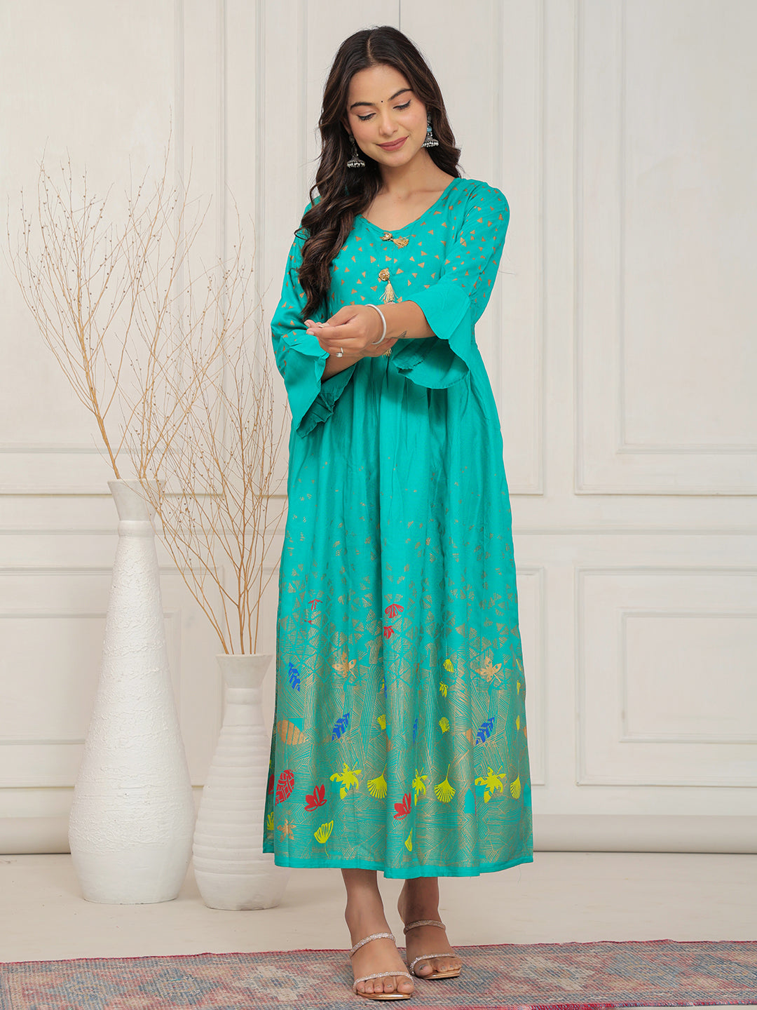 Mitrika Vibrant Sea Green Foil Print Anarkali Kurti with Tassel