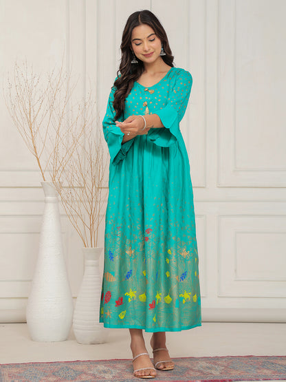 Mitrika Vibrant Sea Green Foil Print Anarkali Kurti with Tassel