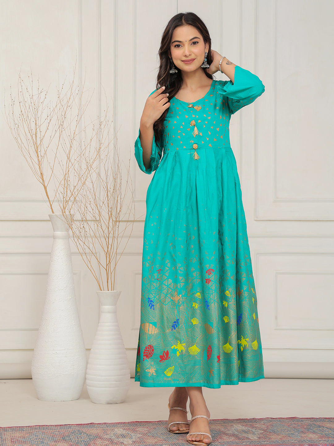 Mitrika Vibrant Sea Green Foil Print Anarkali Kurti with Tassel