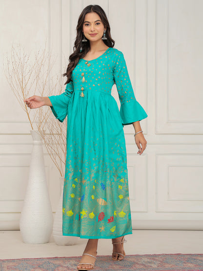 Mitrika Vibrant Sea Green Foil Print Anarkali Kurti with Tassel