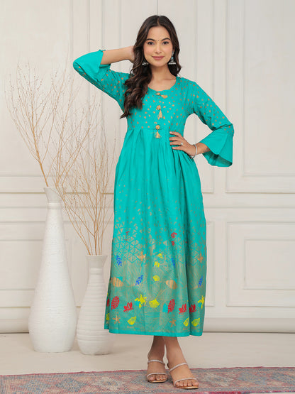 Mitrika Vibrant Sea Green Foil Print Anarkali Kurti with Tassel