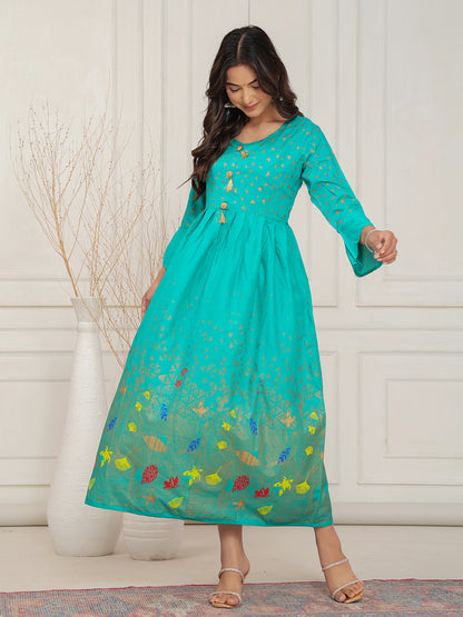 Mitrika Vibrant Sea Green Foil Print Anarkali Kurti with Tassel