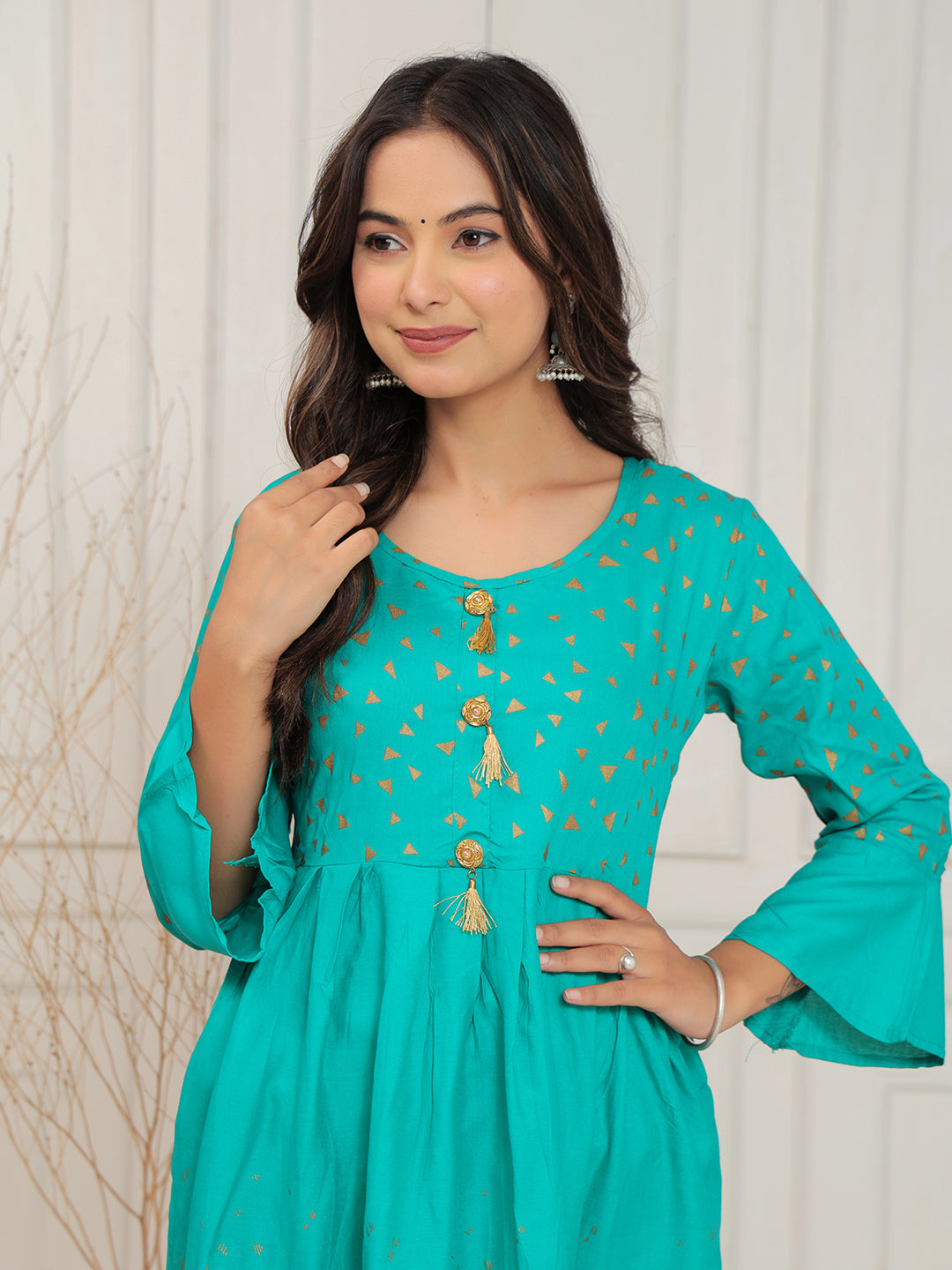 Mitrika Vibrant Sea Green Foil Print Anarkali Kurti with Tassel