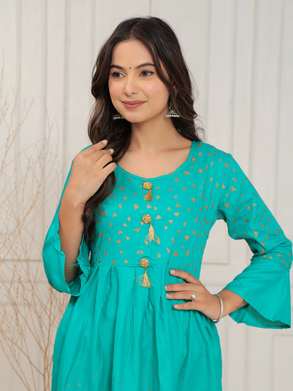 Mitrika Vibrant Sea Green Foil Print Anarkali Kurti with Tassel