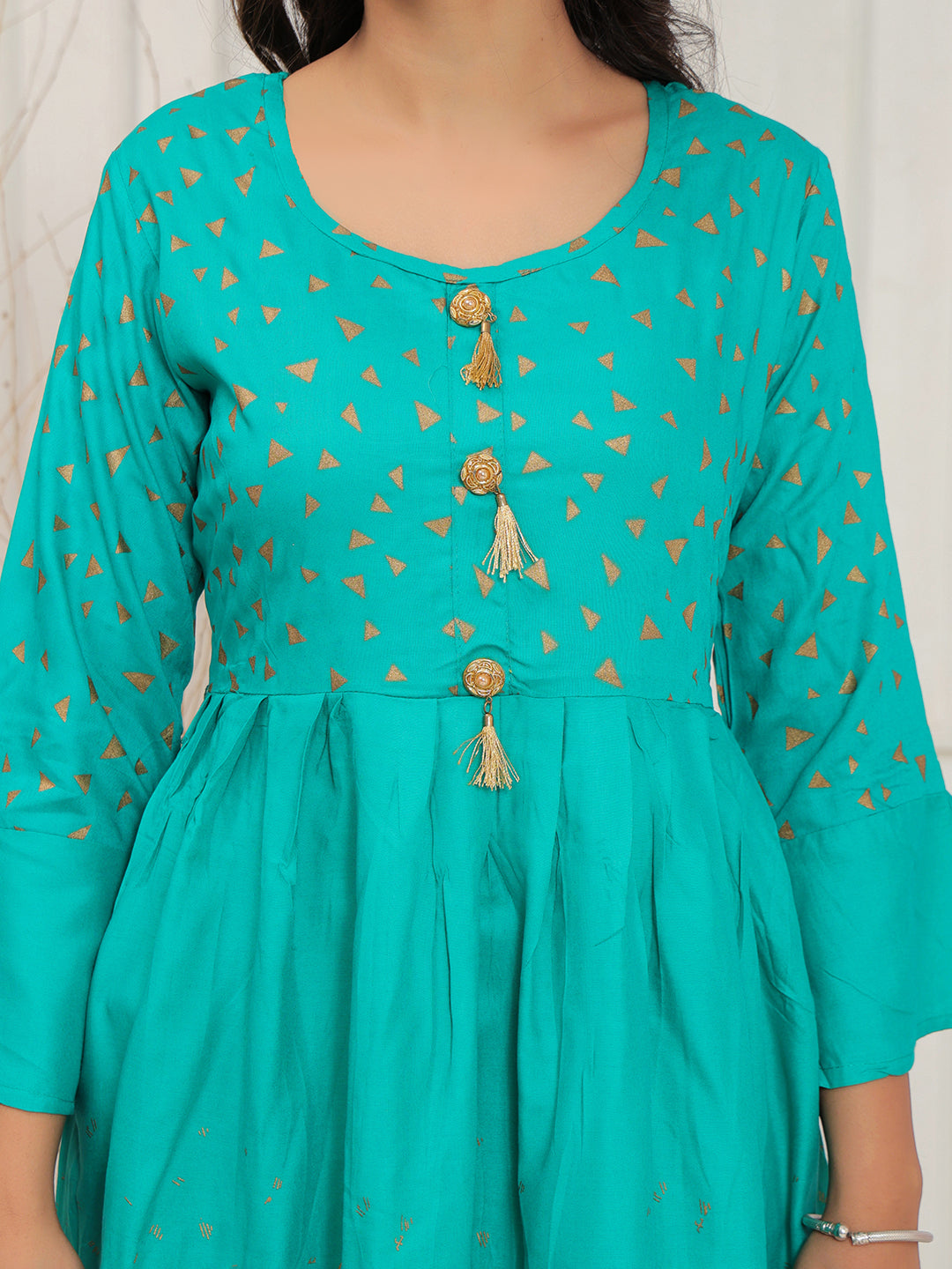 Mitrika Vibrant Sea Green Foil Print Anarkali Kurti with Tassel