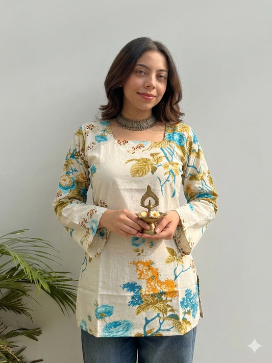 Women Multicolor Floral Printed Pure Cotton Square Neck And Bell Sleeve Top with Back Lace Up