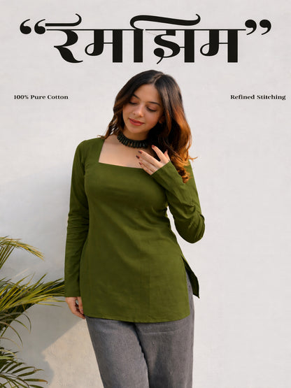 Mitrika solid mehndi green cotton short kurti with square neck and full sleeves