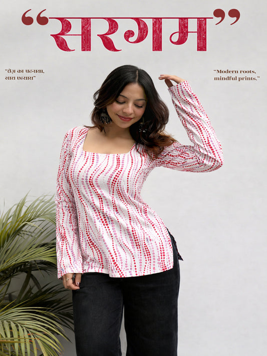 Women Pink Abstract Printed Square Neck Top with Flared Sleeves