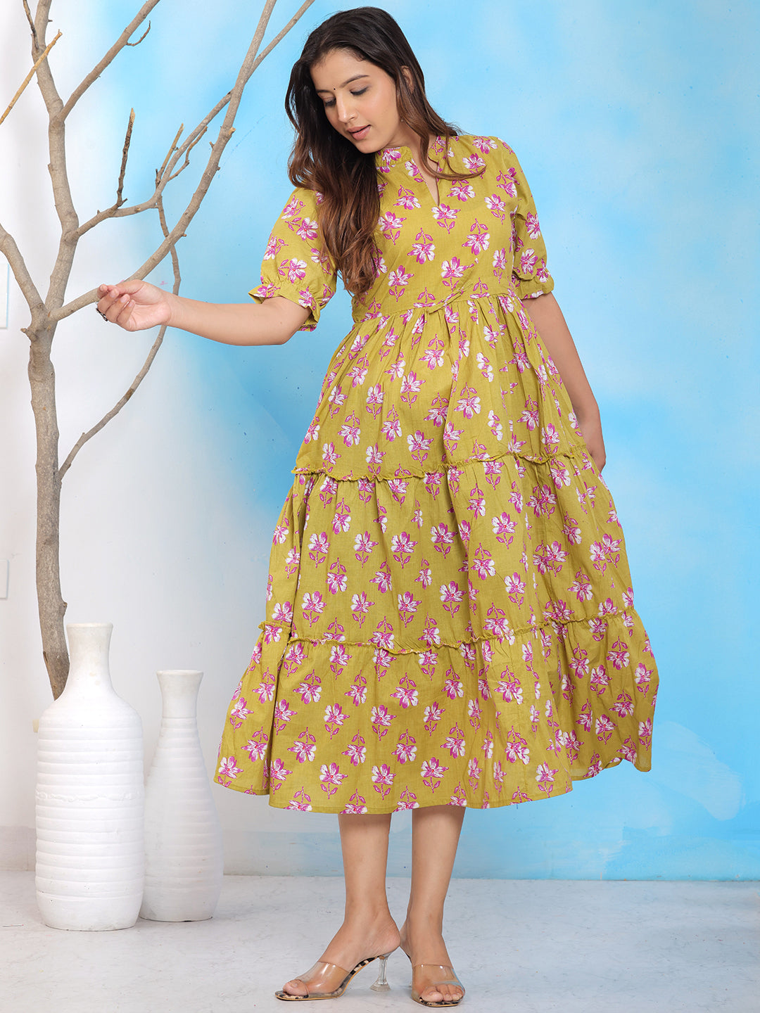 Mitrika Mustard Yellow Floral Printed Tiered Midi Dress with Puff Sleeves