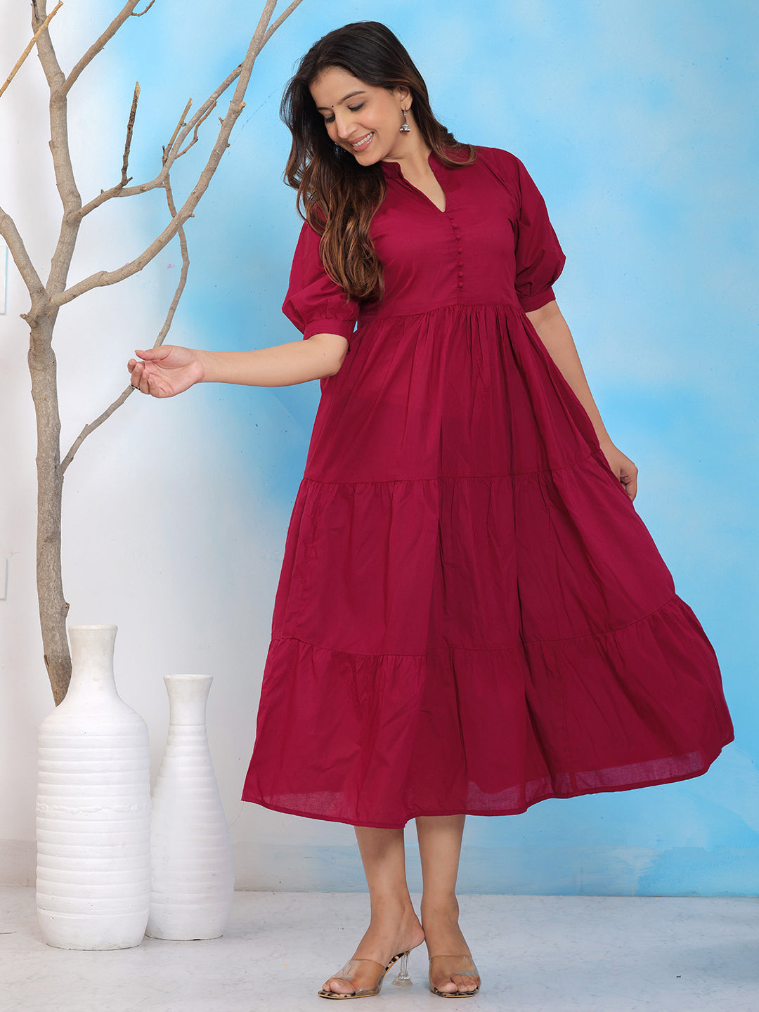 Mitrika Wine Mandarin Collar Tiered Cotton A-Line Midi Dress