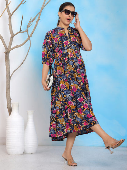 Mitrika Elegant Floral Printed Navy Blue A-Line Midi Dress