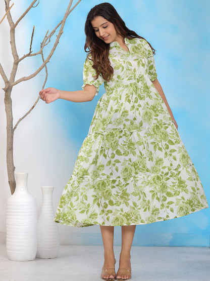 Mitrika White & Green Leaf Printed Cotton Tiered Midi Dress