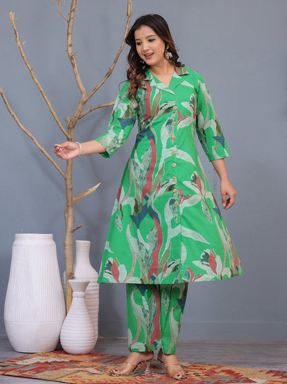 Mitrika Elegant Green Leaf-Print Cotton Co-Ord Set