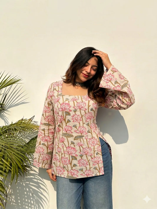 Elegant Pink Lotus Print Kurti Square Neck And Bell Sleeve Top with Back Lace Up