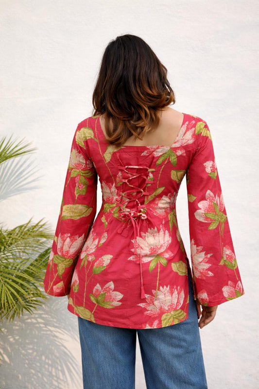 Romantic Red Rose Floral Print Pure Cotton Square Neck And Bell Sleeve Kurti with Back Lace Up