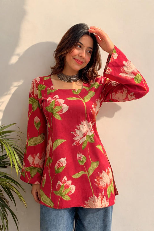 Romantic Red Rose Floral Print Pure Cotton Square Neck And Bell Sleeve Kurti with Back Lace Up
