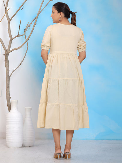 Mitrika Beige Tiered V-Neck Midi Dress with Puff Sleeves