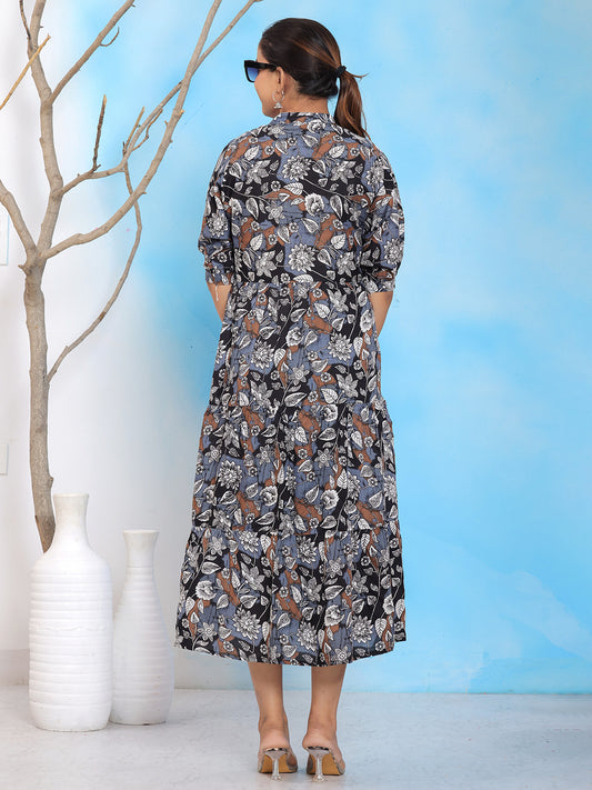 Mitrika Floral Printed Black A-Line Midi Dress with Puff Sleeves